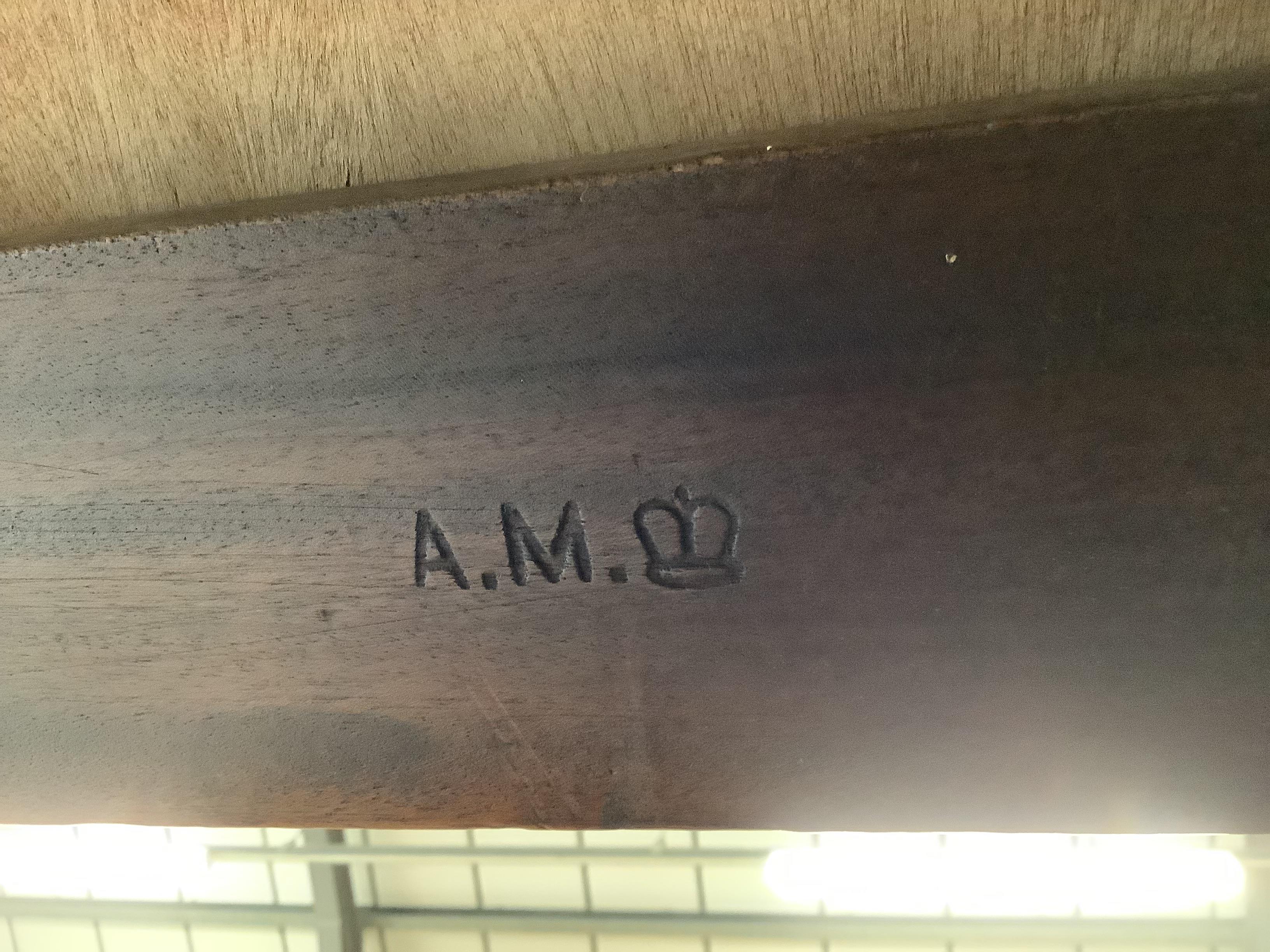 A mid century government issue Air Ministry three drawer writing table, stamped AM and a crown, width 153cm, depth 92cm, height 77cm